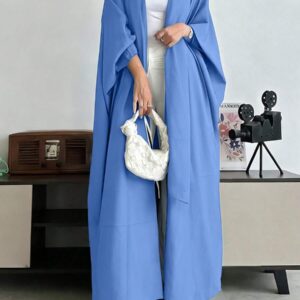 عباءة كارديجان طويلة بأكمام خفافيش، بتصميم بسيط وأمامي مفتوح، بأسلوب محافظ إسلامي للاستخدام اليومي، متعددة الاستخدامات (بدون وشاح) للربيع - الأزرق - مشاهدة