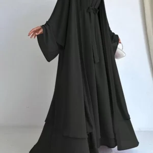 فستان عباية طويل، قماش منسوج، ياقة صوفية، أكمام دولمان طويلة جدًا، تصميم حزام الخصر، أسود غير مطاطي للربيع