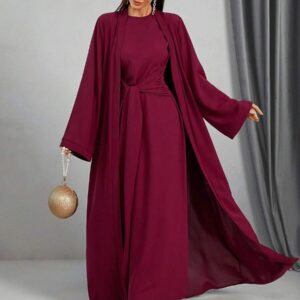 Women Loose Wrap Abaya Kaftan With Tie Waist, Solid Color, Modest Robe Spring Elegant