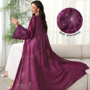 SHEIN Najma Arabic Open-Front Abaya With Embroidered Flower Trim, Lightweight Fabric, Spring/Summer, Modest Robe