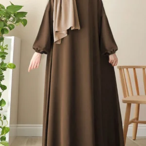 Women's Elegant Arabic Style Solid Color Waist Belt Lantern Sleeve Long Loose Comfortable Robe Eid Spring