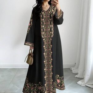 SHEIN Najma Women Al-Adha Colorful Floral & Plant Digital Print V-Neck Long Sleeve Elegant Arabic Style Dress,Spring Autumn Casual Plus Size Boho Long Dress