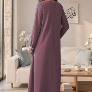 Women's Elegant Long Sleeve Purple Muslim Dress, With Embroidered Cuffs And Sides, Soft And Flowing Fabric, Loose A-Line Design, Suitable For Muslim Women's Daily Office And Casual Wear, Available In Plus Size