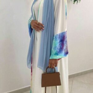 1pc Women's Elegant Multicolor Patchwork Sleeve & Back Colorful Pattern Arabic Style Fashionable Cardigan Dress, Suitable For Daily, Festive, Travel Occasions White
