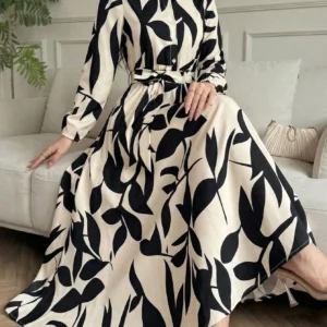 Elegant Black & White Leaf Print Collared Long Sleeve Shirt Dress - Women's Spring/Summer Button Waist A-Line Fitted Dress, Fashionable Vacation